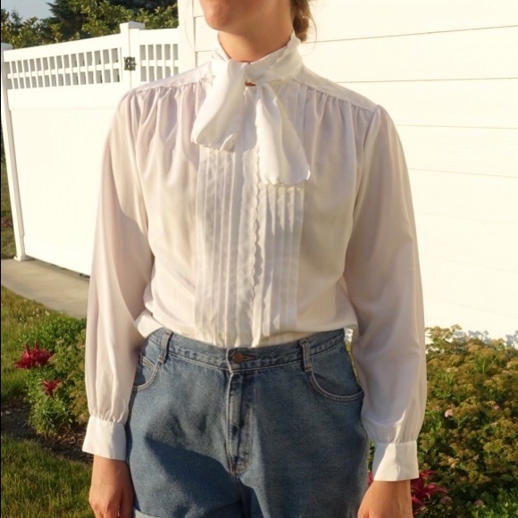 80s Vintage Hand Embroidered White Blouse Bow - Picture 4 of 7